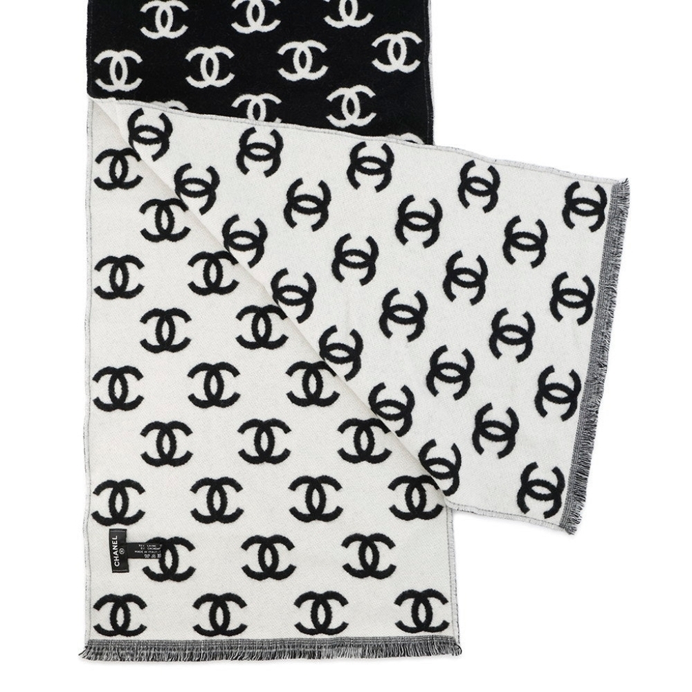 BNIB! Authenticated CHANEL CC Reversible Cashmere & Wool Scarf WRAP BLACK WHITE - Picture 12 of 16